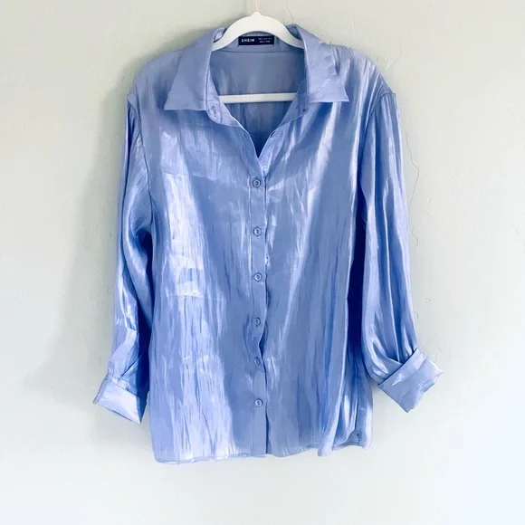 90's Glossy Satin Iridescent Button Down Blouse Violet Shot Silk SZ 4 SMALL NEW! - Picture 7 of 10